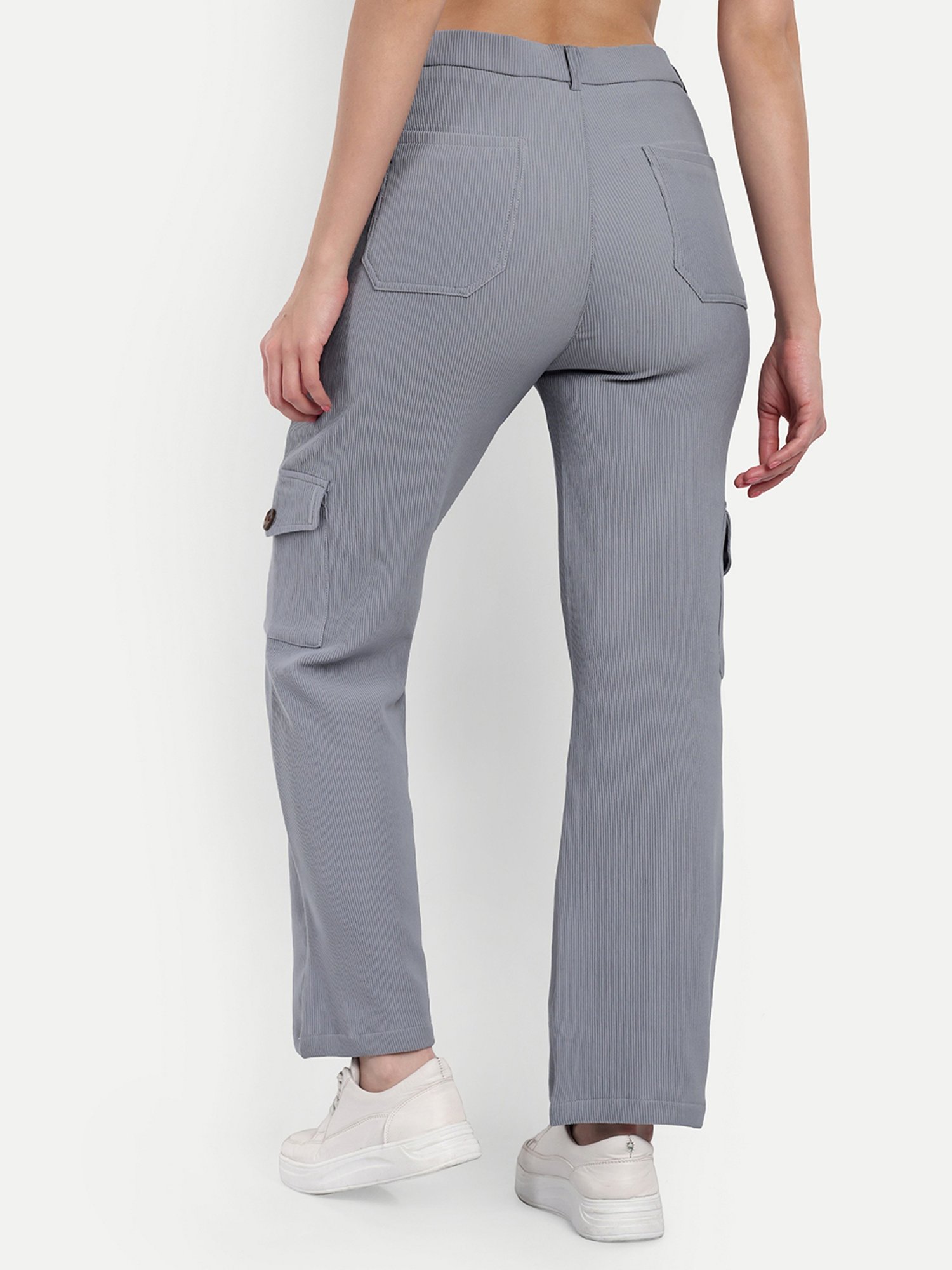 Broadstar Grey Cotton Straight Fit High Rise Cargo Pants