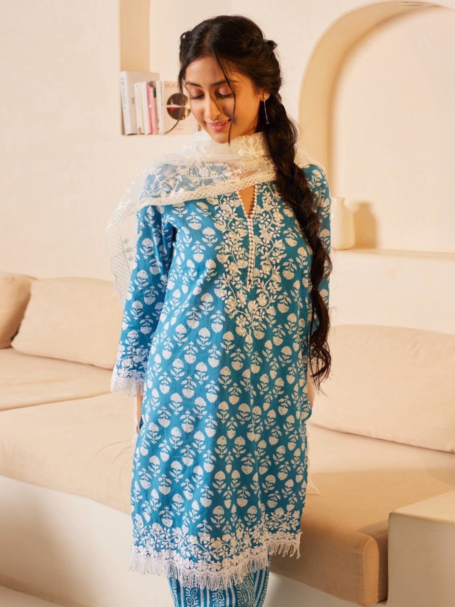 House Of Kari Samma Chikankari Co-ord set in Cotton for Women- Blue