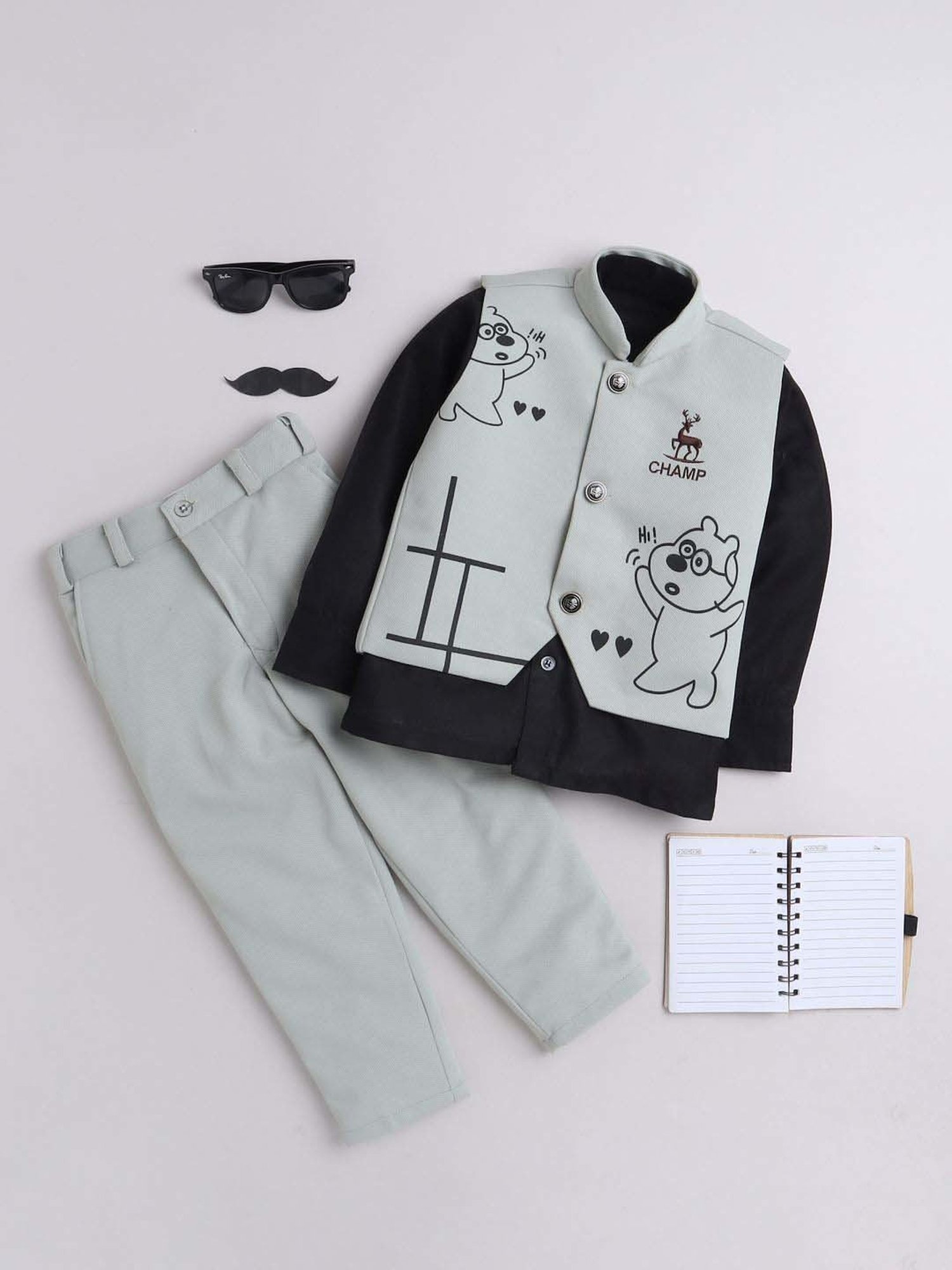 Fourfolds Boys Green Graphic Full Sleeves Clothing Set