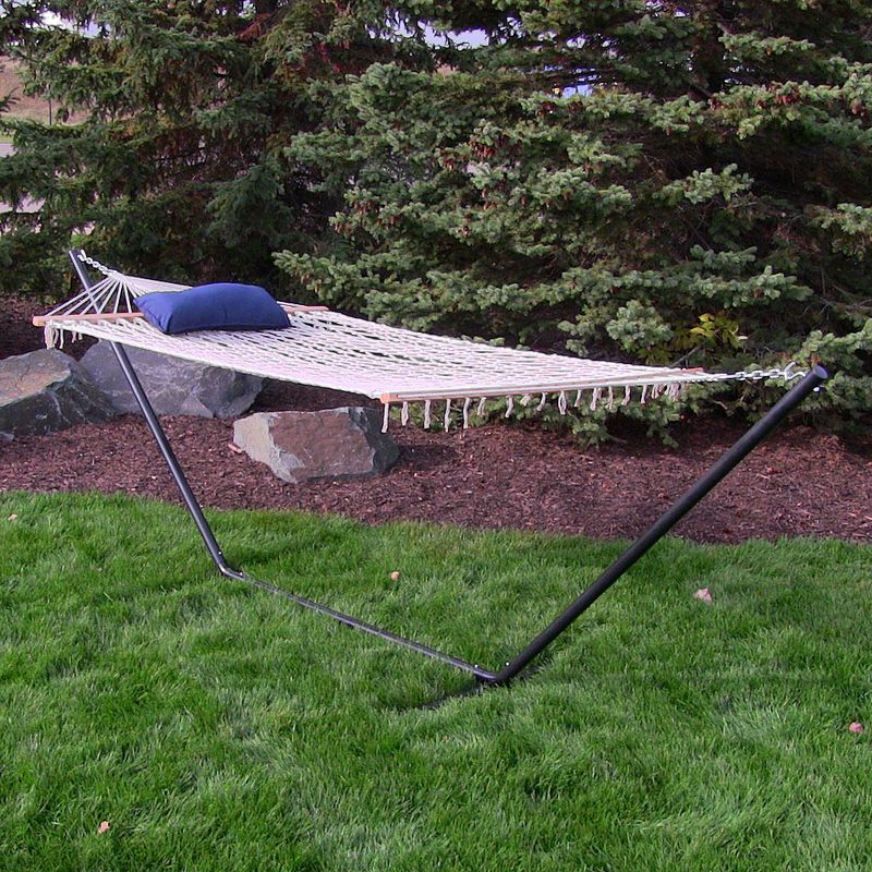 Sunnydaze Cotton Rope Patio and Backyard Hammock with Steel Stand and Quilted Pad and Pillow Set - 12' Stand - Lakeview