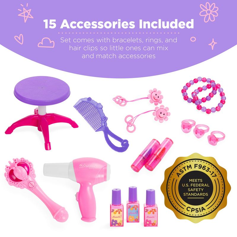 Best Choice Products Kids Vanity Mirror Set Girl Pretend Play Toy w/ Magic Wand Remote, Hairdryer, Stool & Accessories