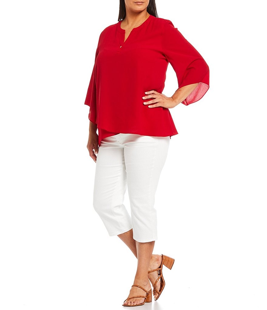 Calessa Plus Size 3/4 Flute Sleeve Split Round Neck Crossover Hem Pebble Crepe Tunic