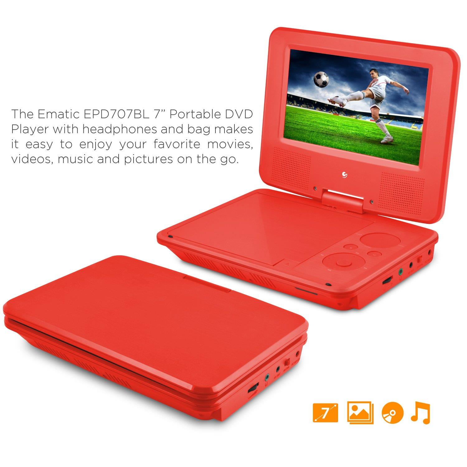 Ematic EPD707RD 7-Inch Portable DVD Player with Matching Headphones and Bag (Red)