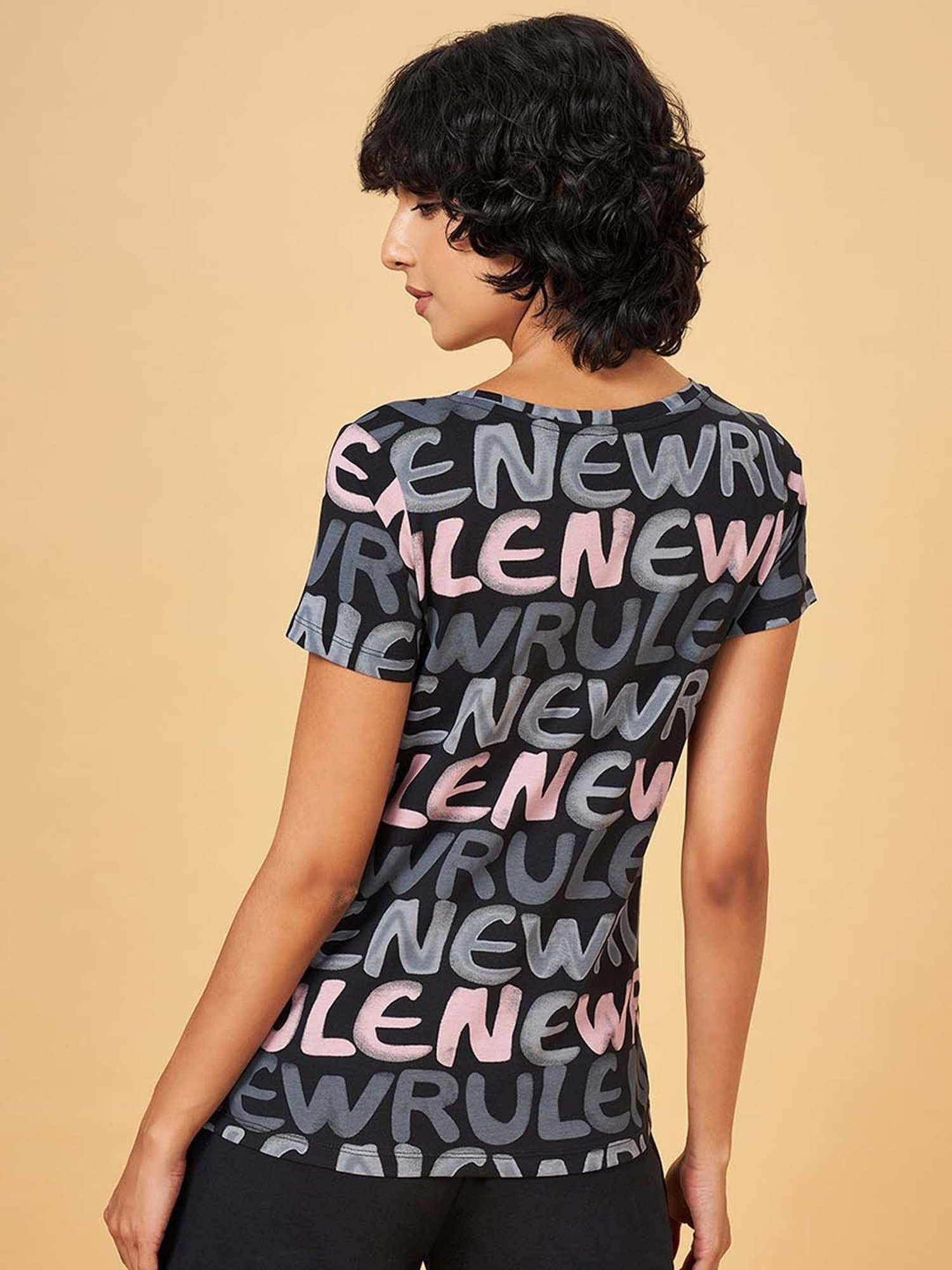 Ajile by Pantaloons Black Cotton Printed Sports T-Shirt