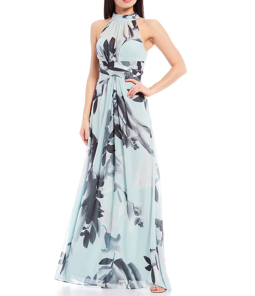 Adrianna Papell Floral Halter Sleeveless Chiffon Gown
