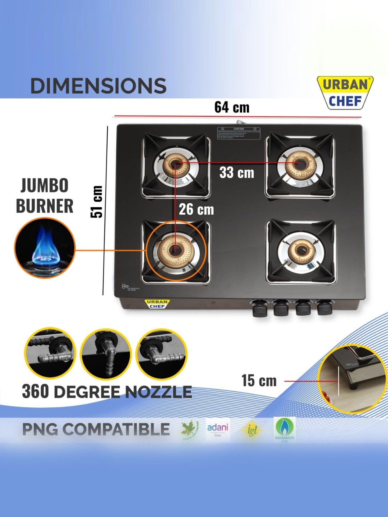 Urban Chef Gas Stove with 4 burners ( Black )