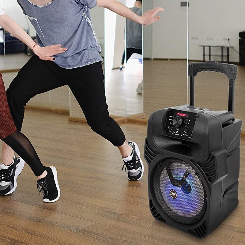 Portable Bluetooth PA Loudspeaker 8 Subwoofer System 4 Ohm5520kHz USBMP3FM Radio &frac14; Mic Inputs MultiColor LED Lights Builtin Rechargeable Battery w Remote Control Pyle PPHP844B