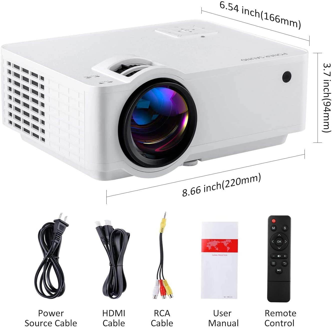 PONER SAUND Mini Projector 5500 Lux 210" 1080P Supported, 52000 Hrs LED Movie Projector, Compatible with Phone Computer Laptop USB HDMI VGA