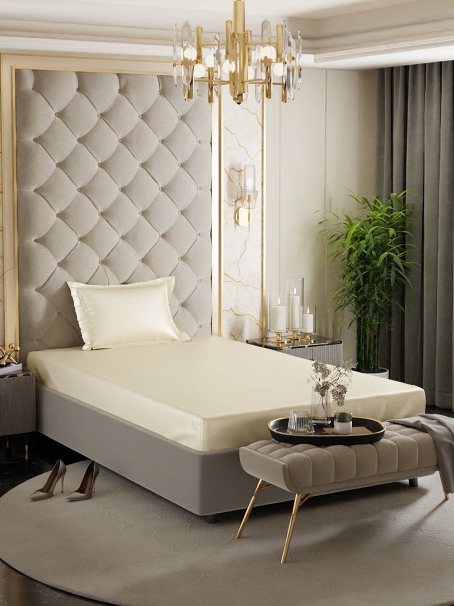 Stoa Paris Ivory Polyester 300 TC Date Night Single Fitted Bedsheet With Pillow Cover