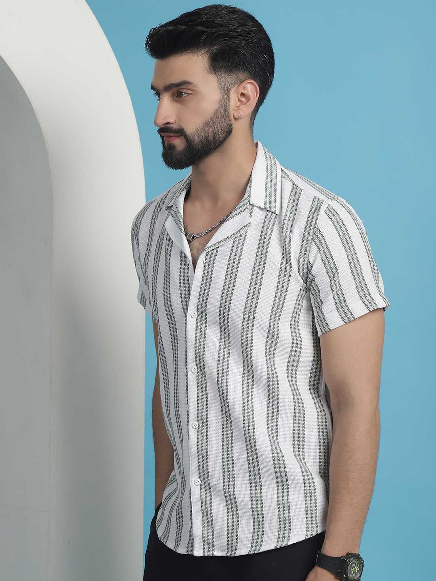 Indian Needle Green Cotton Regular Fit Striped Shirt