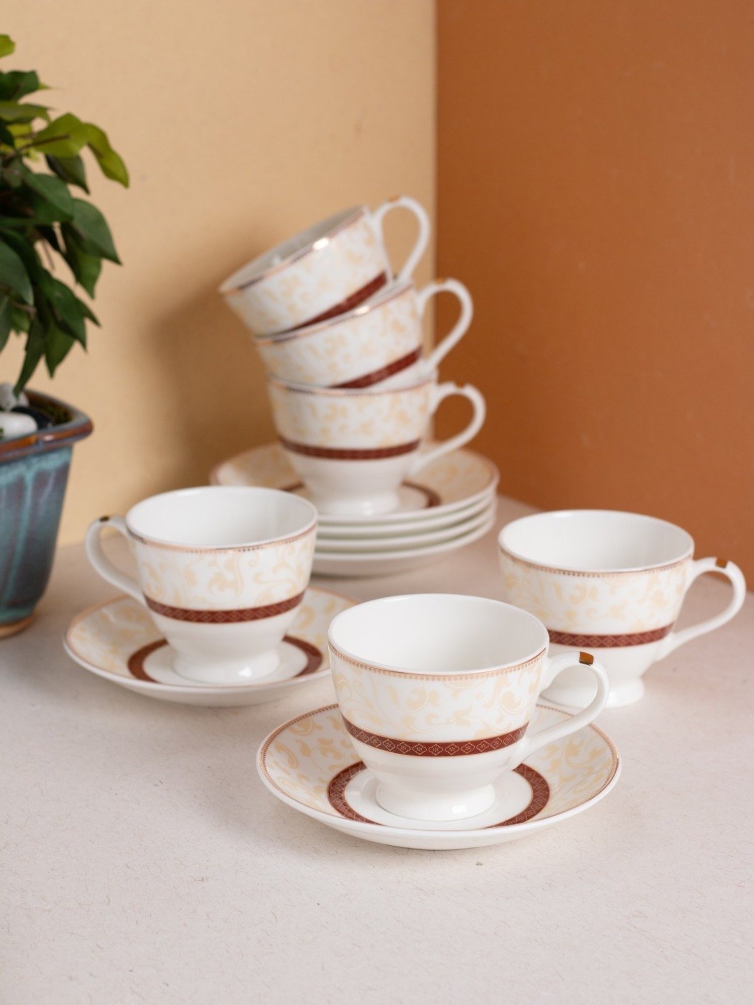 JCPL Fine Printed Maroon Ceramic Cup & Saucer 180 ml - Set of 12