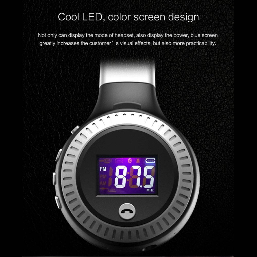 Zgeer Wireless Bluetooth Headphones LED Display Screen Headset Stereo Handsfree with Mic FM Radio TF Card Slot for Computer PC Smartphone