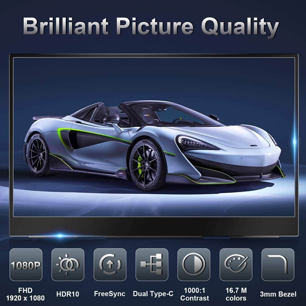 Portable Monitor &ndash; 2020 Upgraded 13.3 Inch 1080P FHD HDR FreeSync Ultra Slim USB-C Portable Display with Kickstand Dual Type-C Mini HDMI Dual Speakers for Laptop PC Mac Surface Xbox PS4 Switch Phone