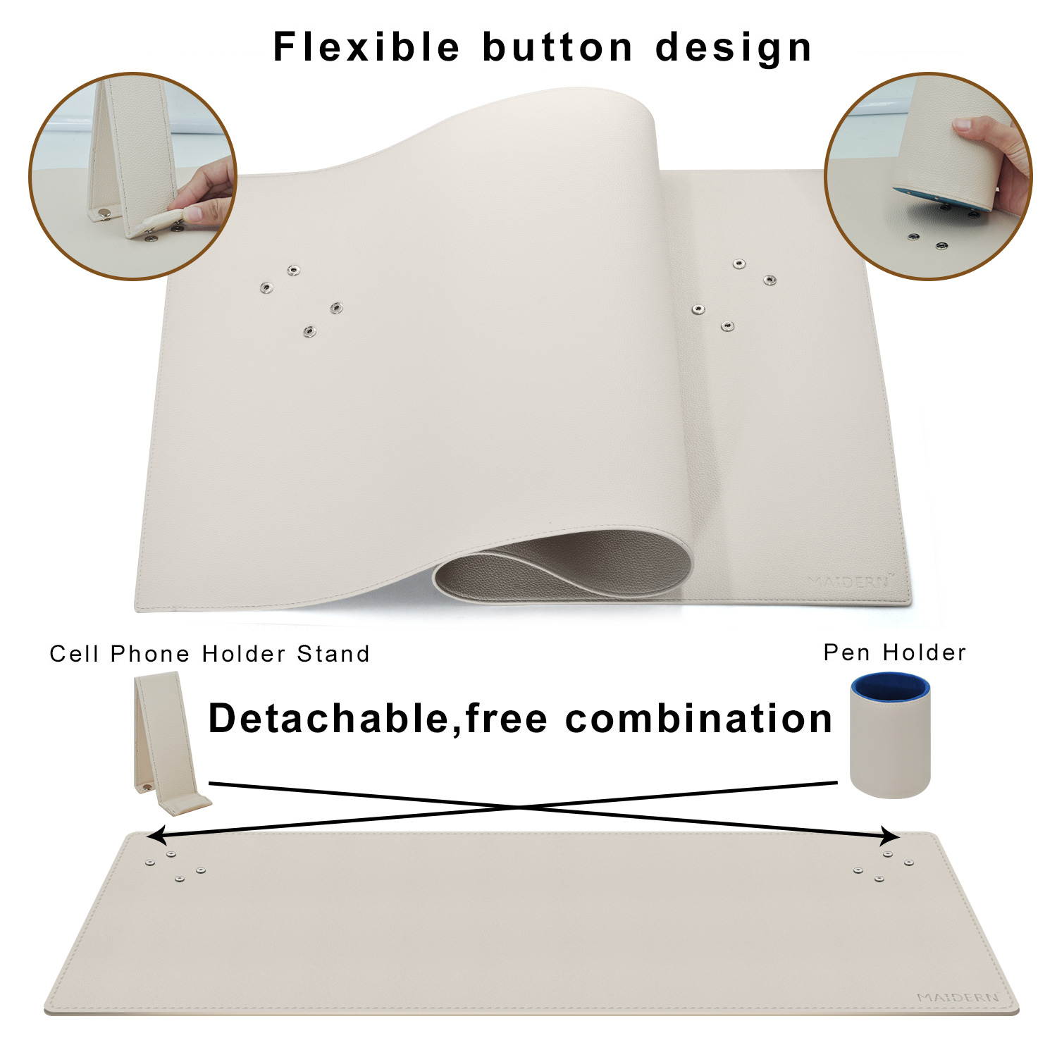 Maidern Desk Pad Blotter,39.4" x 15.7" Large Office Writing Desk Computer Leather Mat Mousepad with Pen Holder and Cell Phone Stand (Off-White)