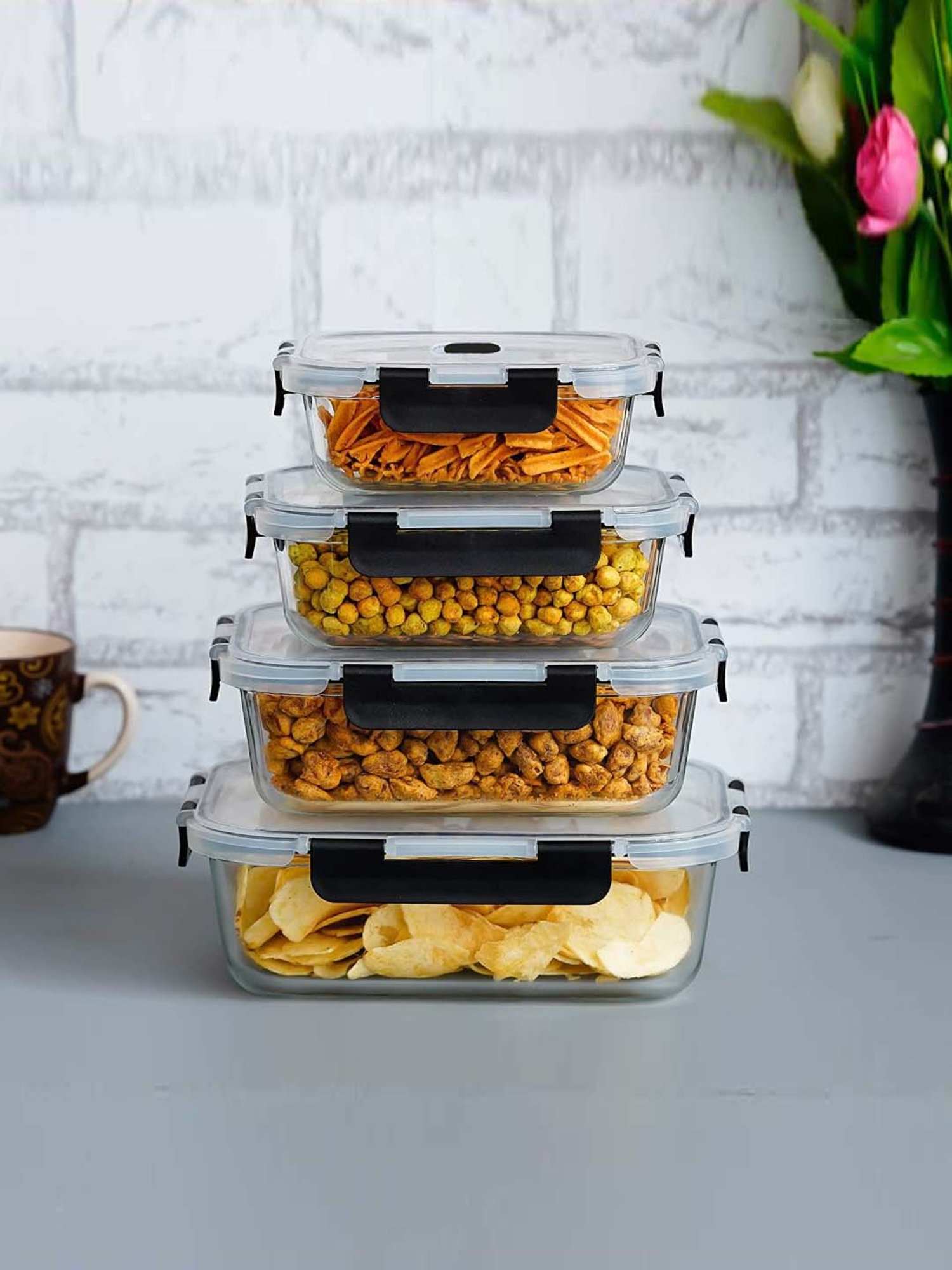 Femora Transparent Glass Food Storage Container (1.2 L, 0.8 L, 0.5 L & 0.3 L) - Set of 4