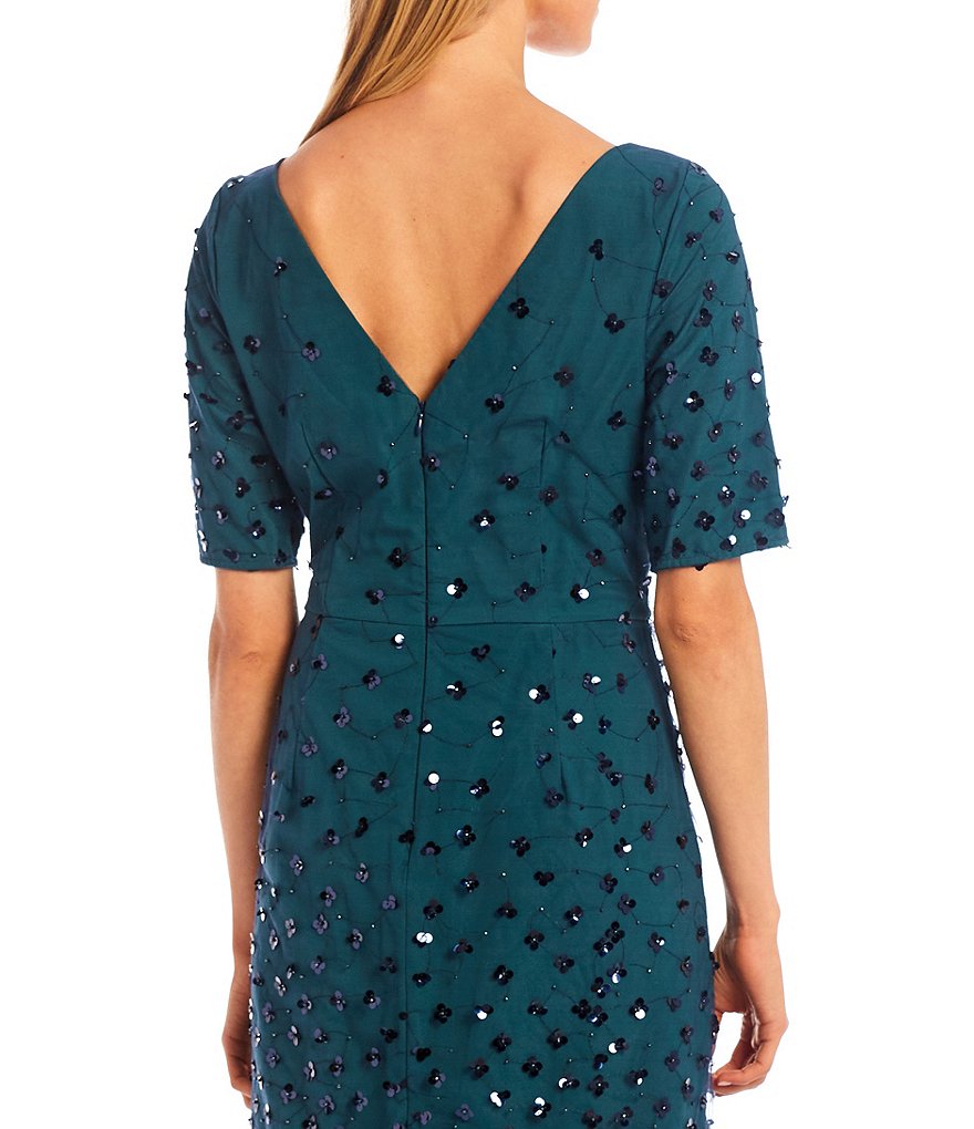 JS Collections Whitney Ombre Sequin Dot Boat Neck Short Sleeve Midi Sheath Dress