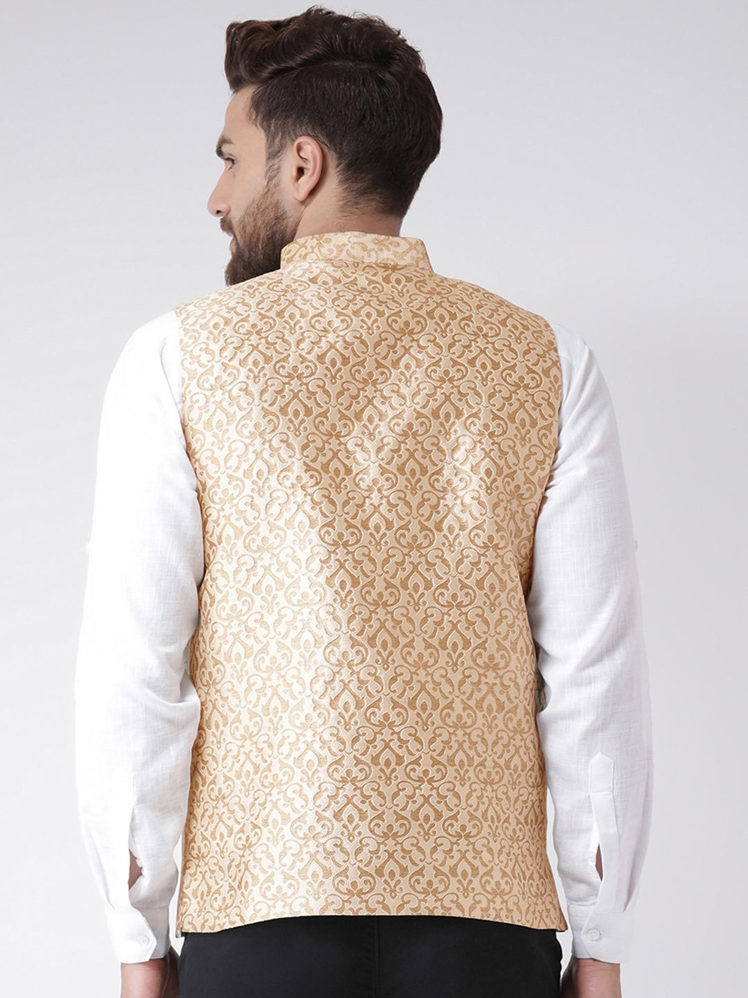 Hangup Plus Beige & Gold Regular Fit Jacquard Nehru Jacket