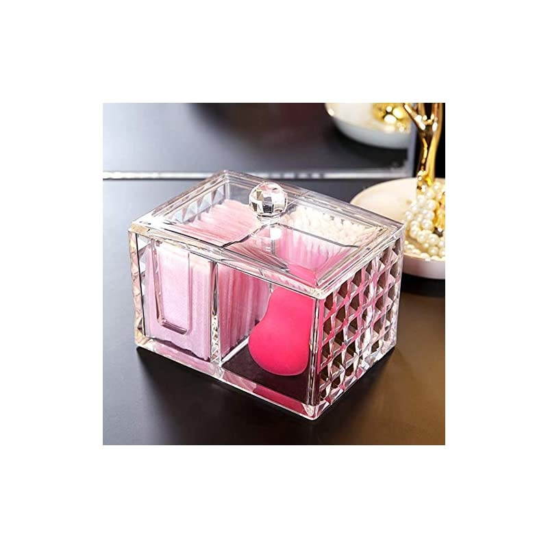 Qtip Cotton Pad Holder Dispenser Cotton Ball and Swab Storage with Lid Clear Acrylic Cotton Round Organizer, 4 Sections