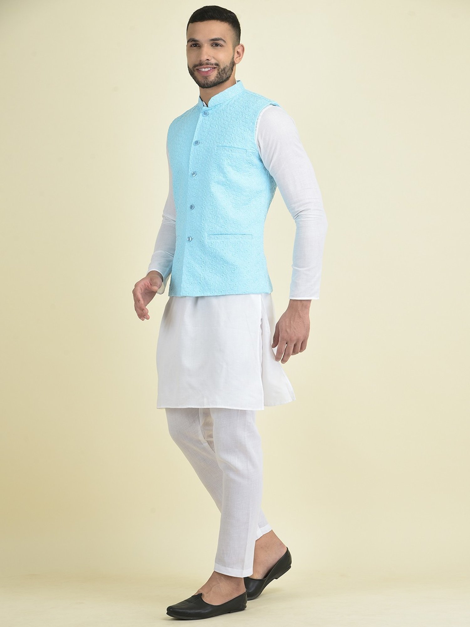 Deyann Blue & White Cotton Regular Fit Embroidered Kurta Set With Jacket