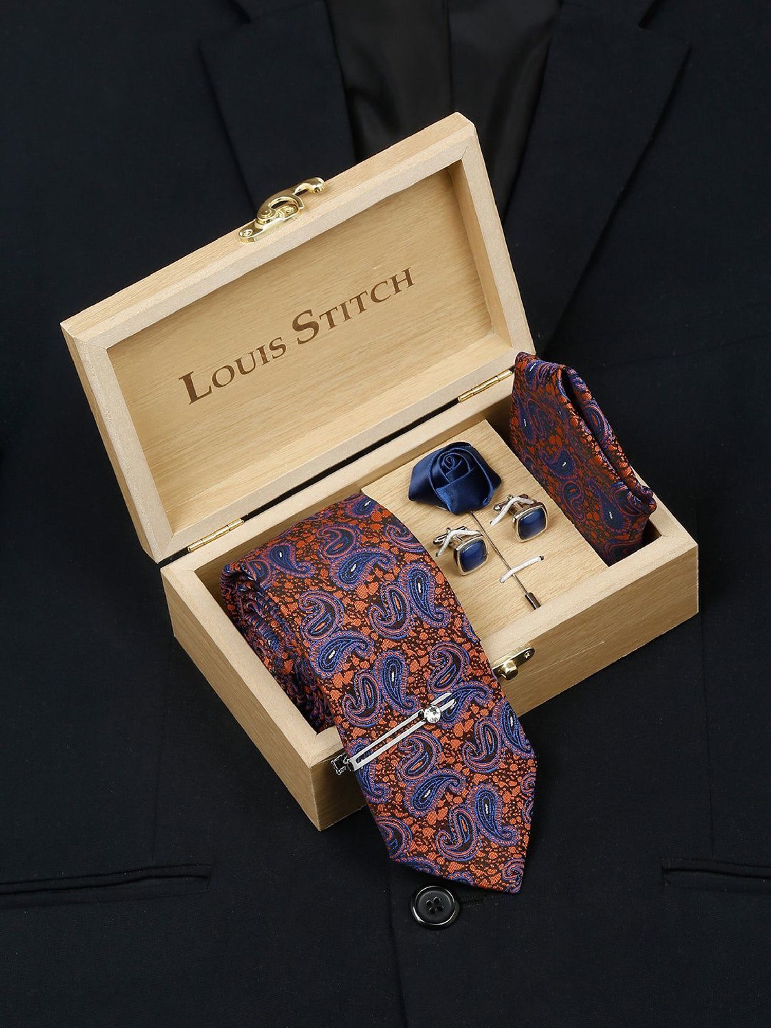 Louis Stitch Blue Printed Necktie Gift Set - Set of 3
