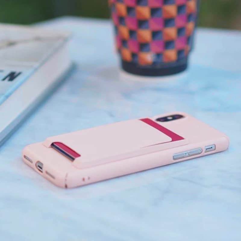 Slot Card Holder Adhesive Stick On Wallet Case Minimalist Slim Hard Premium Credit Card Cash Sleeve Compatible with Most Smartphones Peach Pink