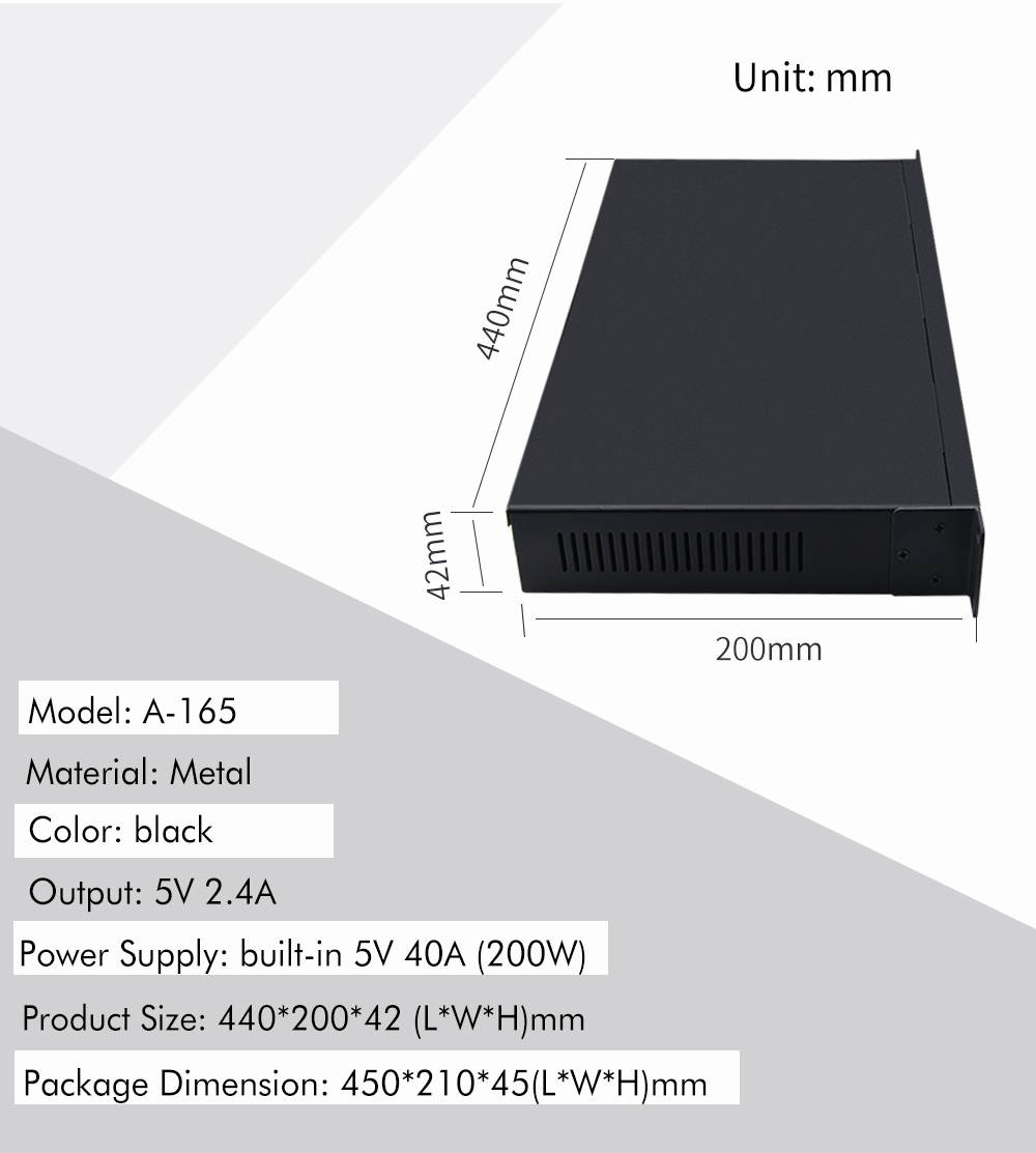 Sipolar Aluminum A-165 industrial 16 Port USB 2.0 data syncs and charger Hub per port 2.1A charging station Built-in 200w 5V 40A Power Adapter for Mobile Phone iphone ipad tablets mac pc laptop