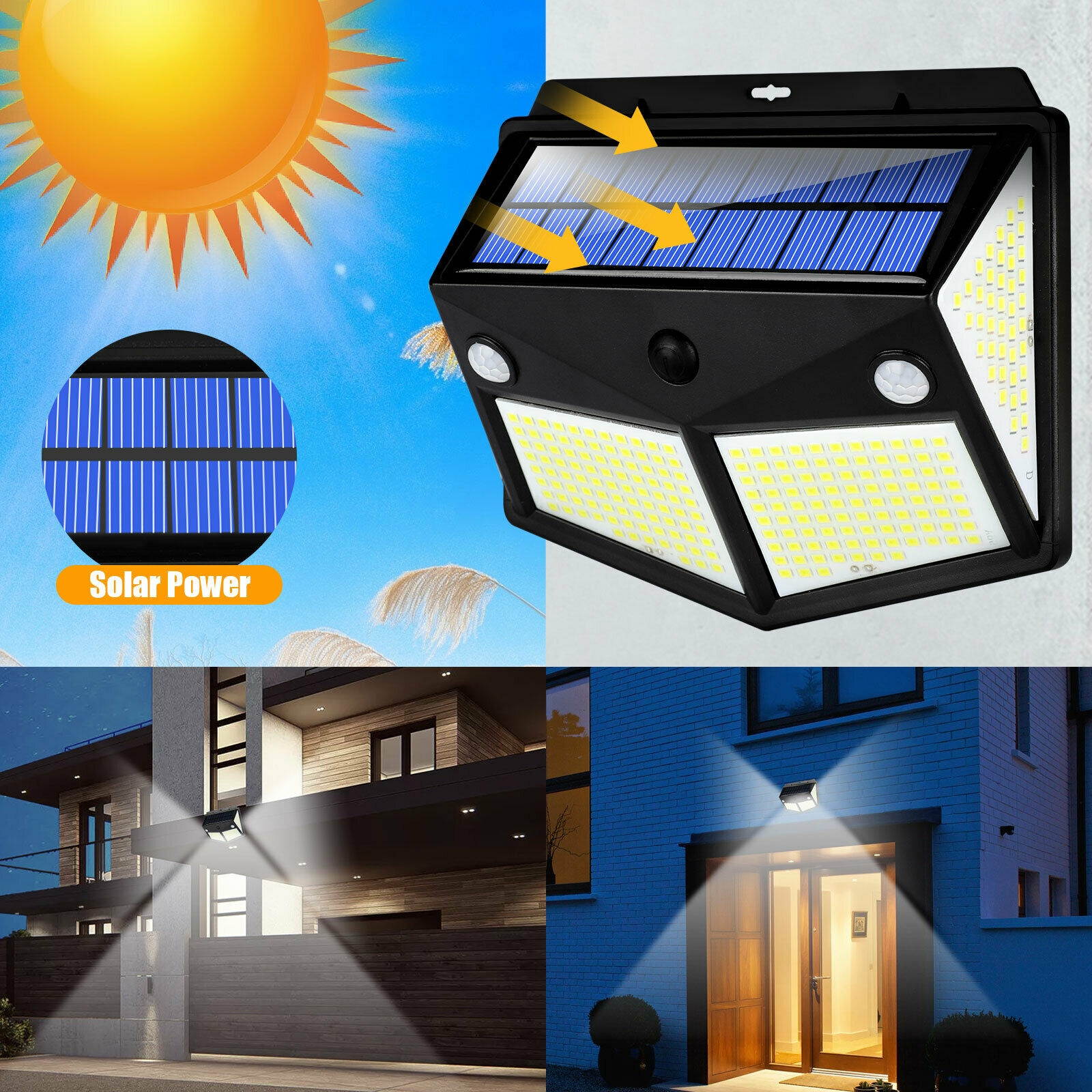 280 LED PIR Motion Sensor Wall Light Solar Power Waterproof Outdoor Garden Lamp