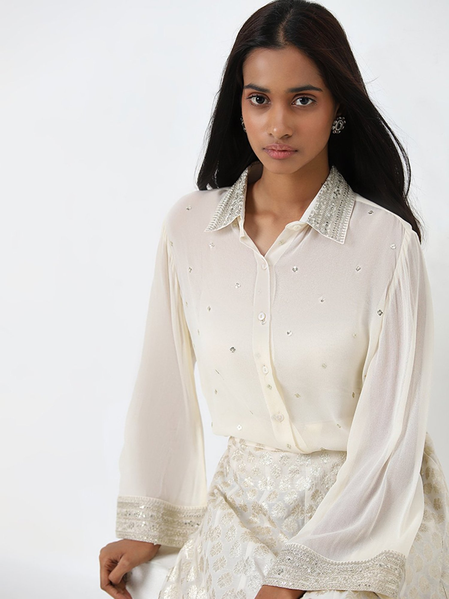 Vark by Westside Off-White Embellished Shirt, Inner and Skirt Set