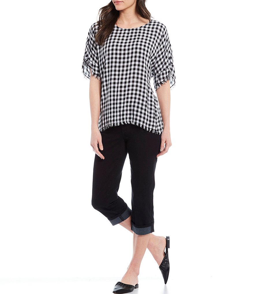 Tru Luxe Jeans Gingham Tulip Sleeve Lace Up Back Top