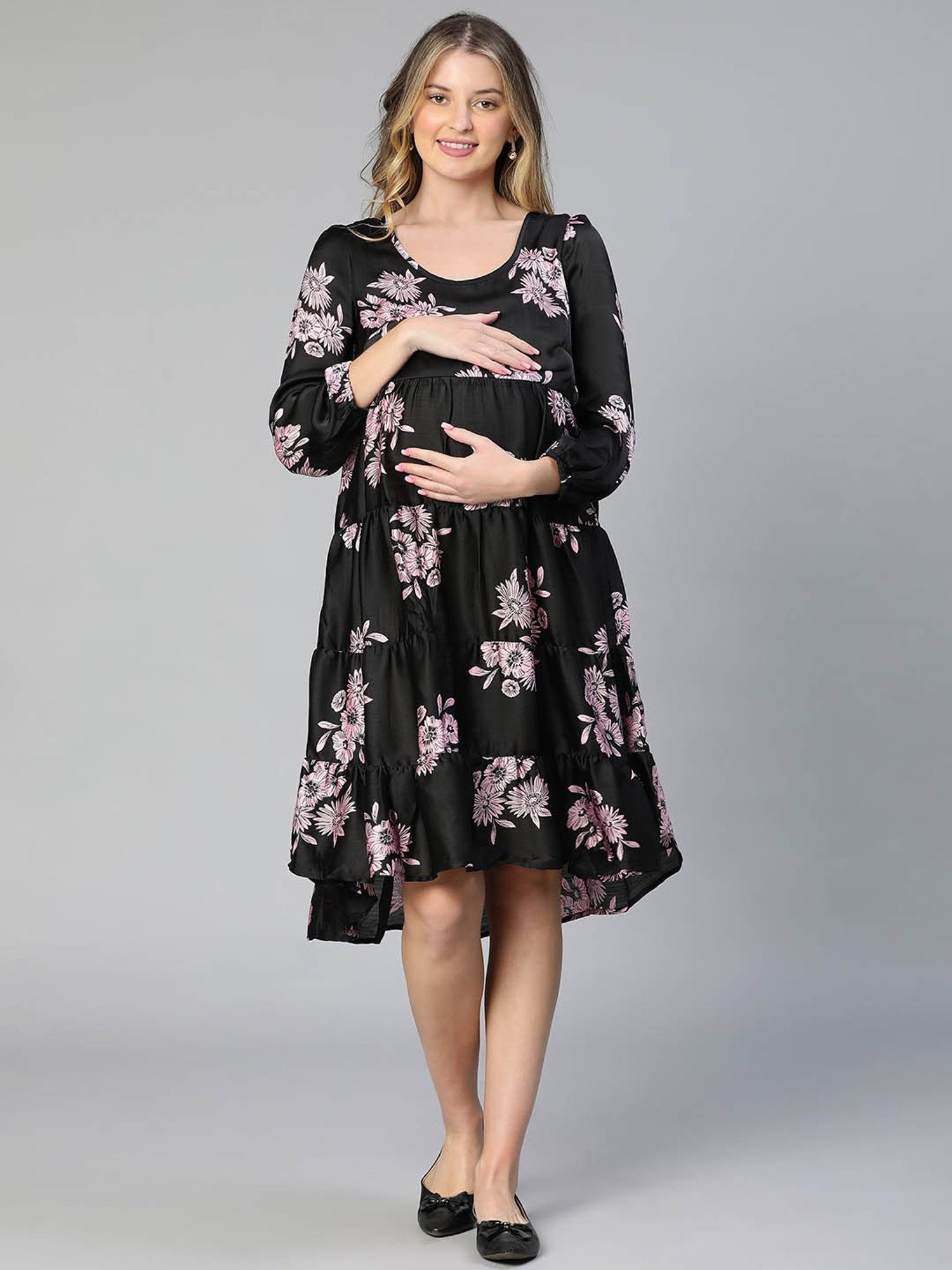 Oxolloxo Black & Pink Printed Maternity Dress