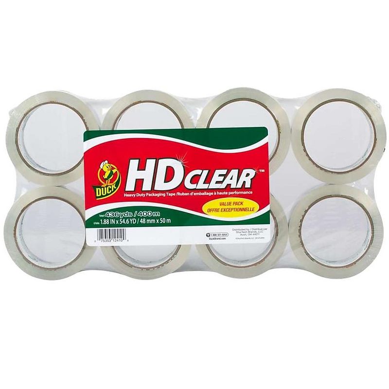 Duck Heavy-Duty Carton Packaging Tape 1.88" x 55 yards Clear 8/Pack 282195
