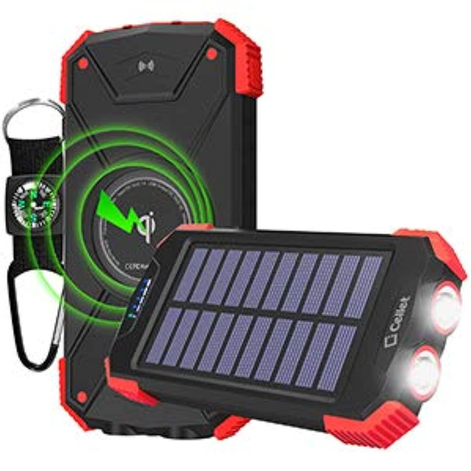 cellet solar powered battery pack 10000mah qi wireless dual usb, type c, micro usb port compatibility. portable universal charging pad waterproof dustproof shockproof. flashlight a