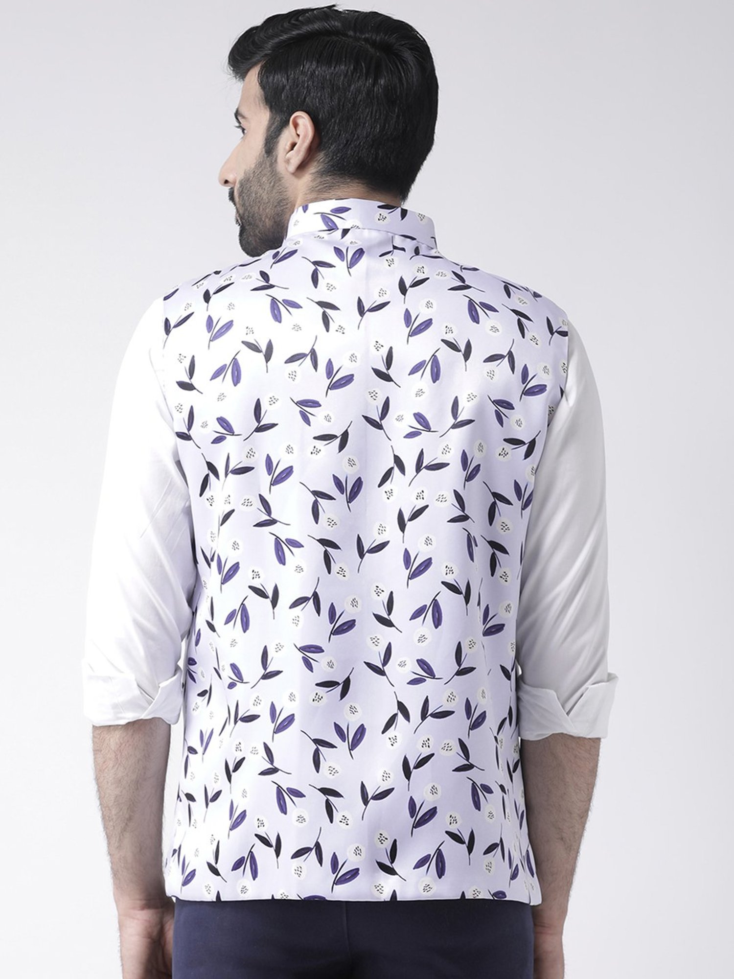 Hangup Plus White & Purple Regular Fit Printed Nehru Jacket
