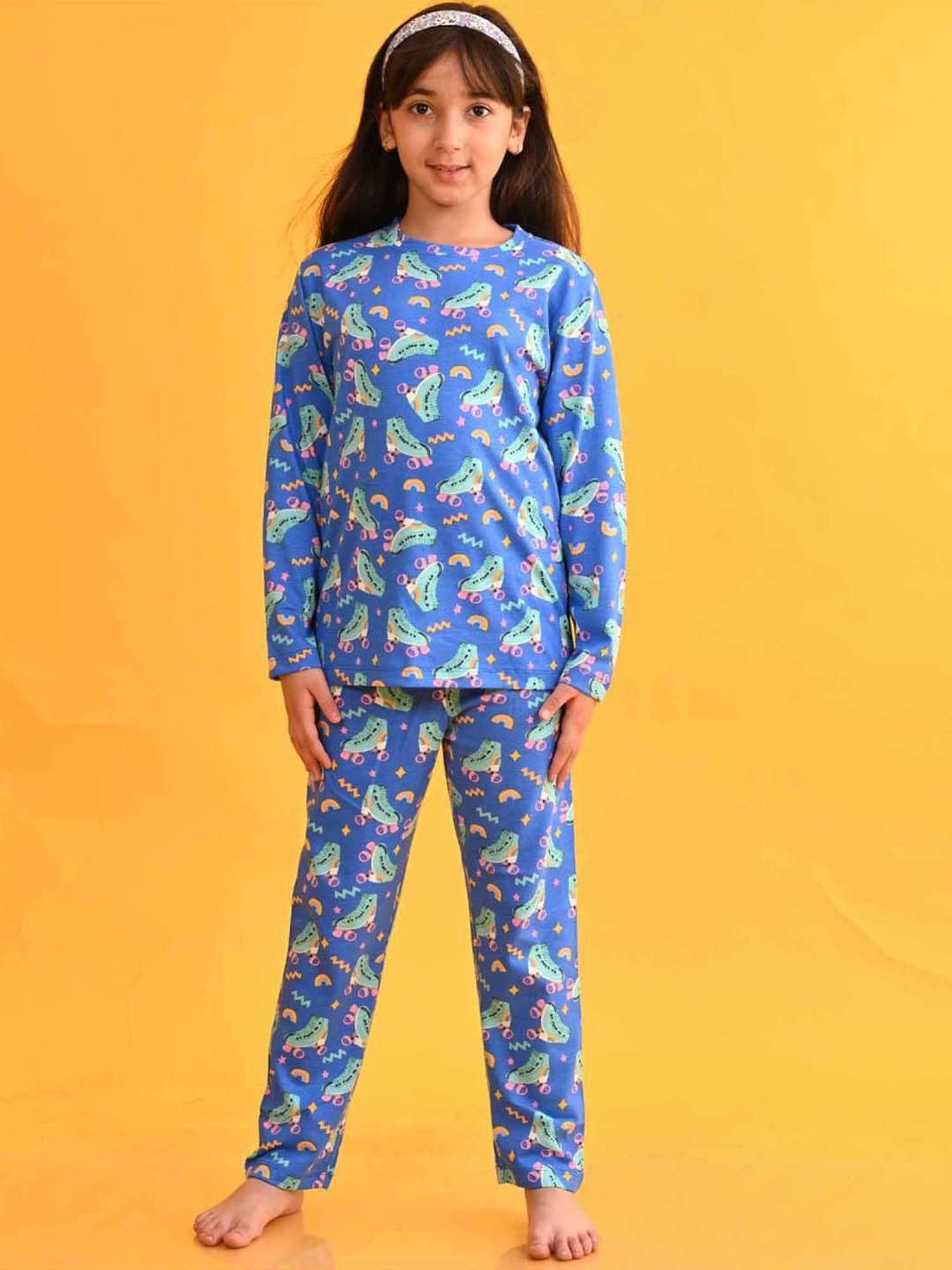 Anthrilo Kids Blue Cotton Printed Full Sleeves T-Shirt & Trouser