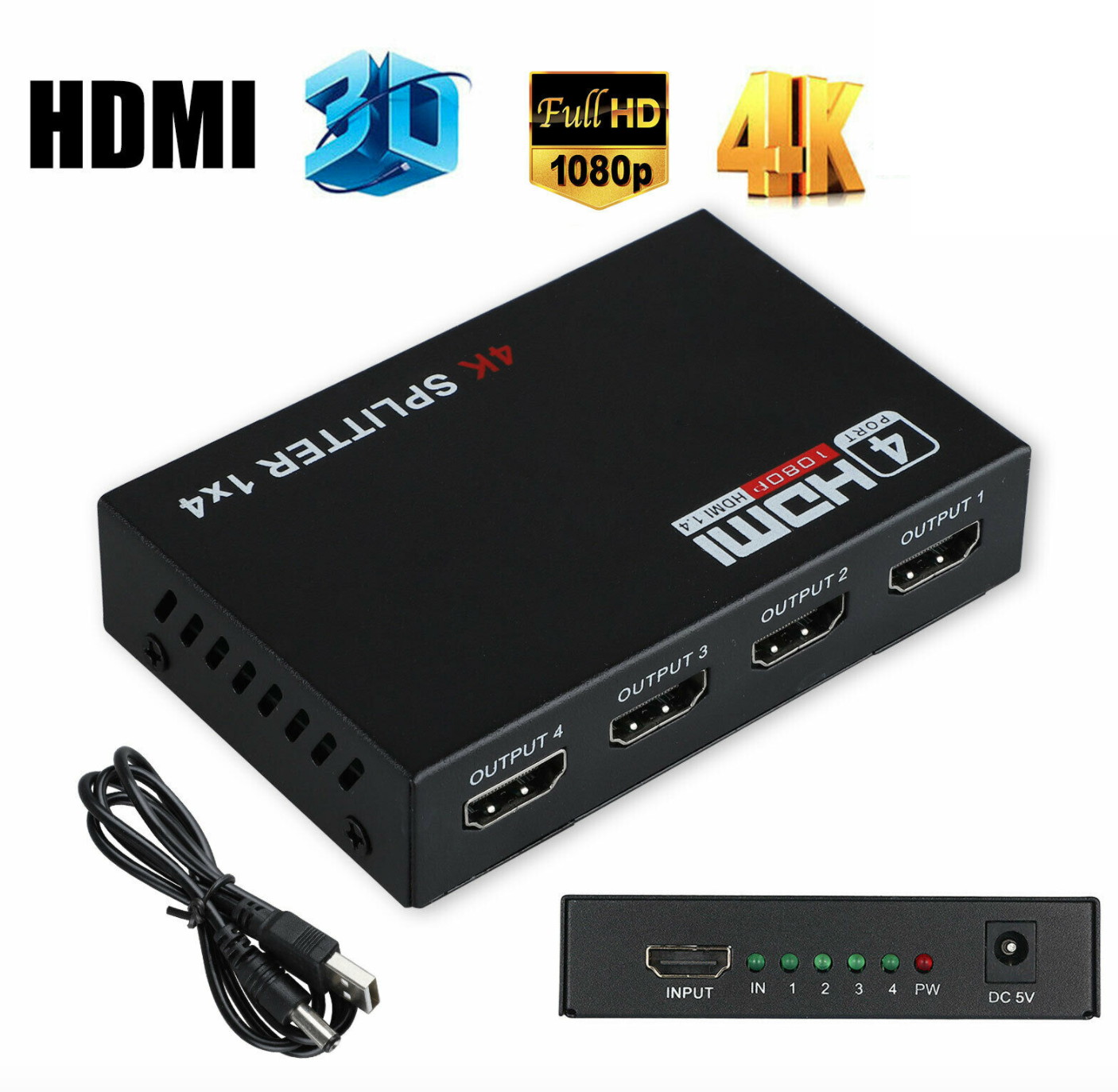 HDMI Splitter 1 in 4 out Full HD 4 Port Hub Repeater Amplifier v1.4 3D 4K 1080p