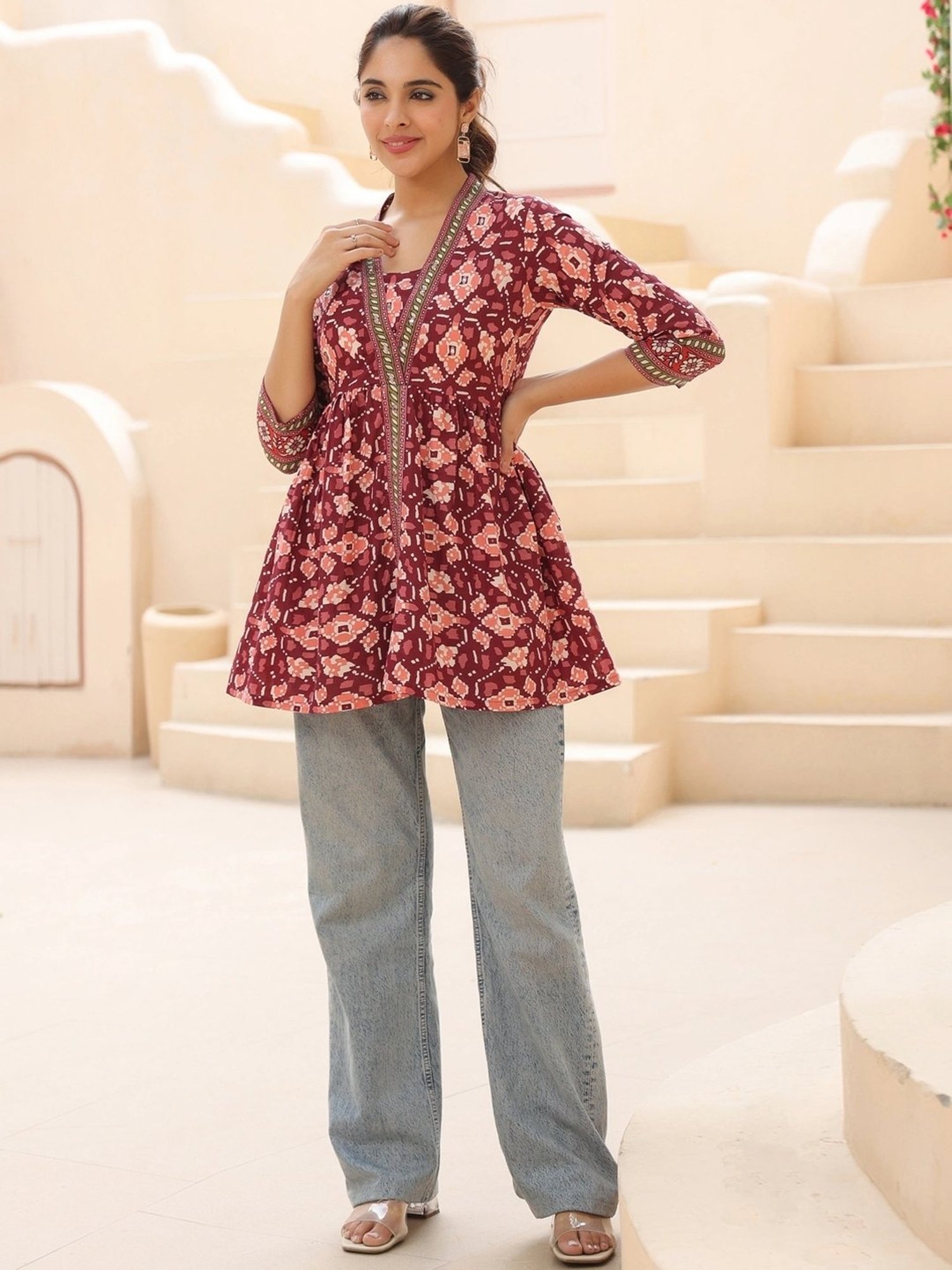 Rain and Rainbow Maroon Cotton Printed Top