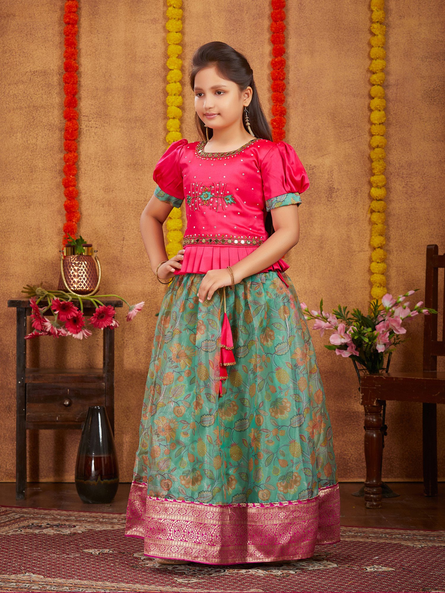 A Little Fable Kids Blue Printed Lehenga with Choli & Dupatta