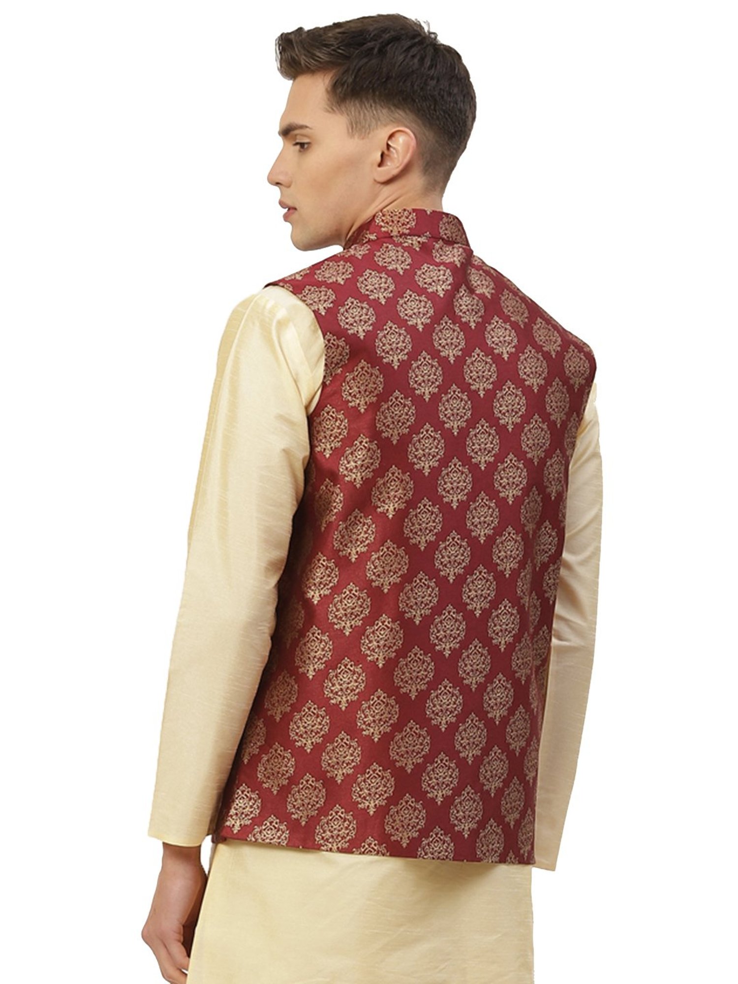 Jompers Maroon Cotton Regular Fit Printed Nehru Jackets