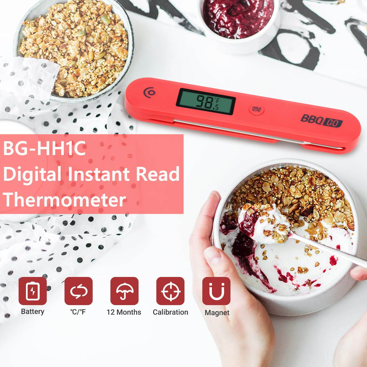 BBQGO Candy Thermometer, Meat Thermometer with Calibration, Magnet, Foldable Probe, Large Screen, Instant Read Thermometer for Smoker, Oven, Drum