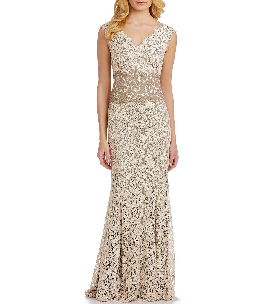 Tadashi Shoji Double-V Scalloped Neck Sleeveless Two Tone Corded Lace Gown