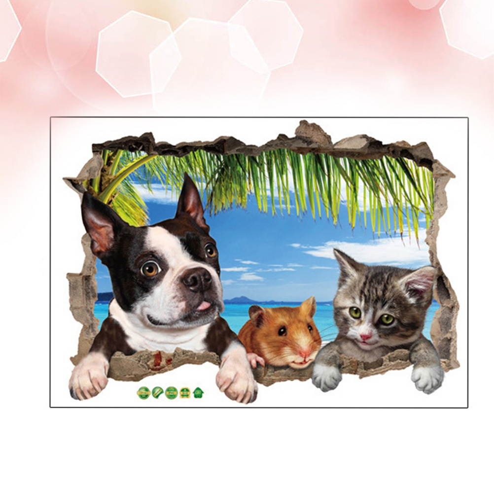 3D Broken Wall Window Sticker French Cat Mouse Children Room Bedroom Cute Animal Wall Stickers