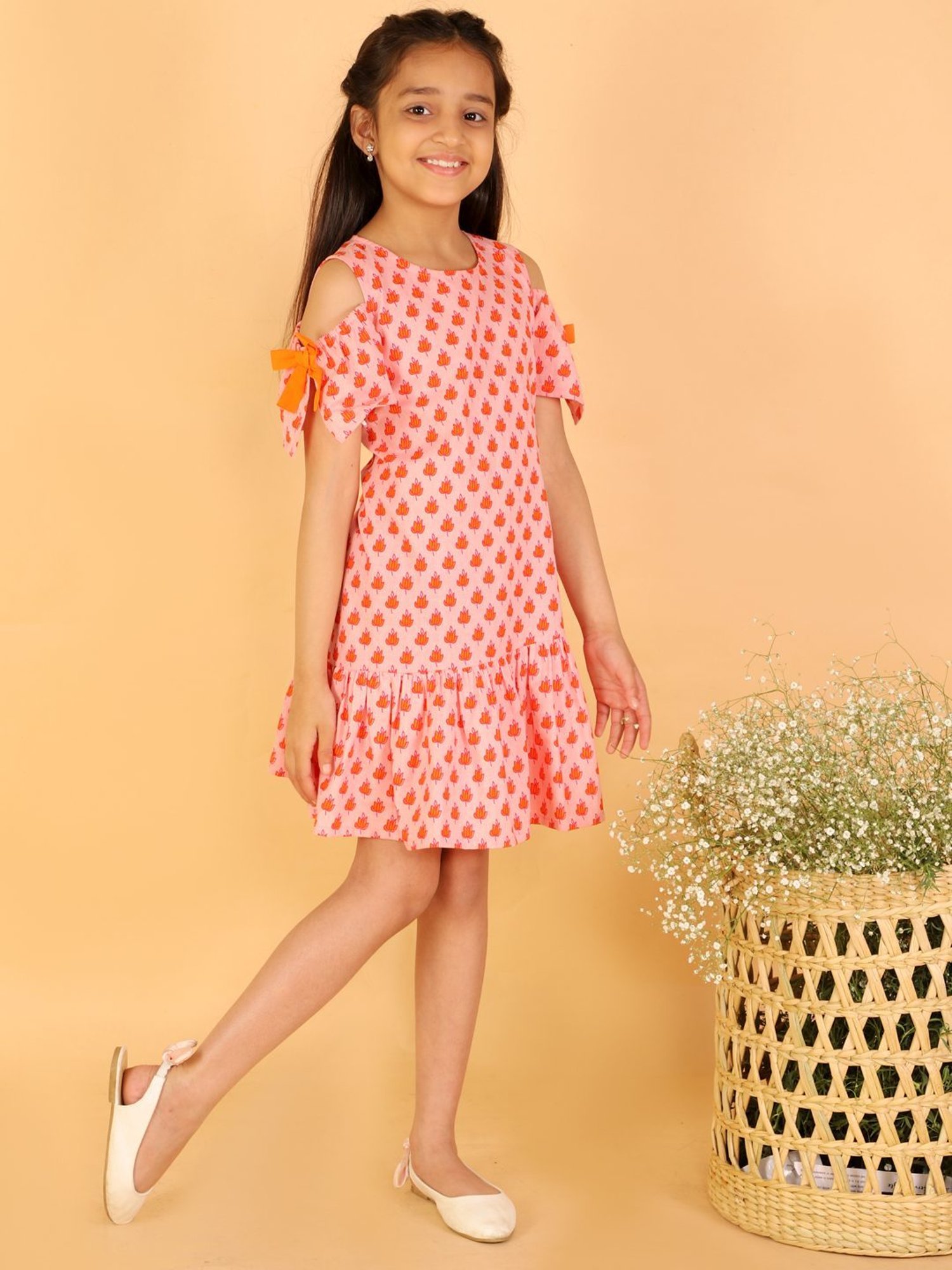 Lil Drama Kids Orange Cotton Printed Dress