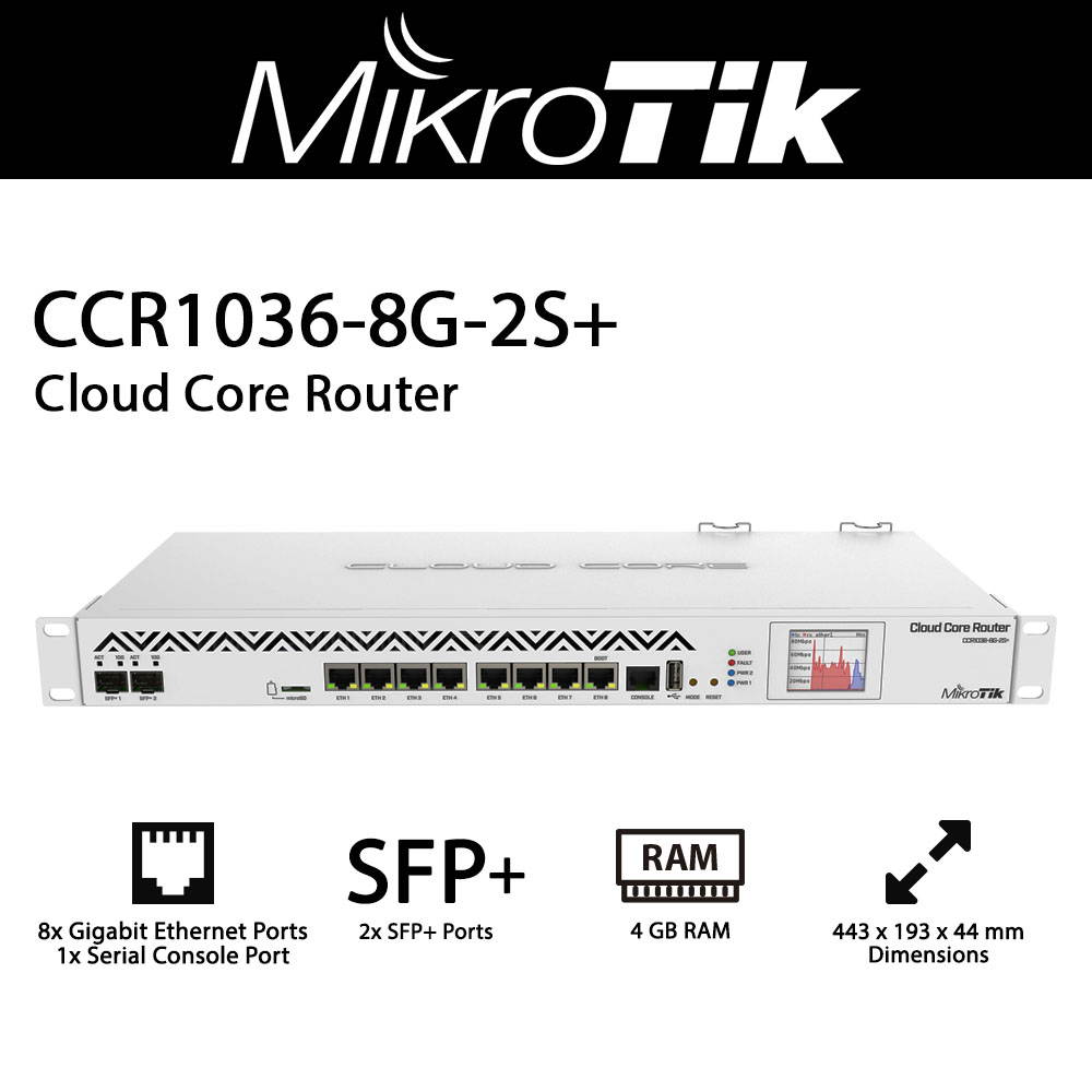 Mikrotik CCR1036-8G-2S+ 36 core CPU, Cloud Core Router, 8x Gigabit ports, 2x SFP+ ports, Color touchscreen LCD, 4GB.