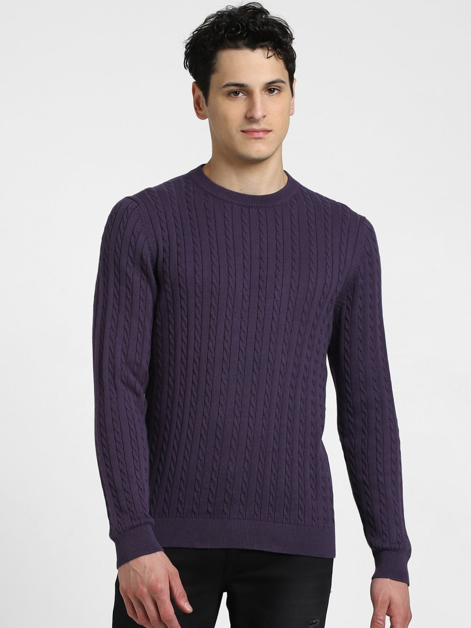 Jack & Jones Purple Slim Fit Textured Cotton Sweater