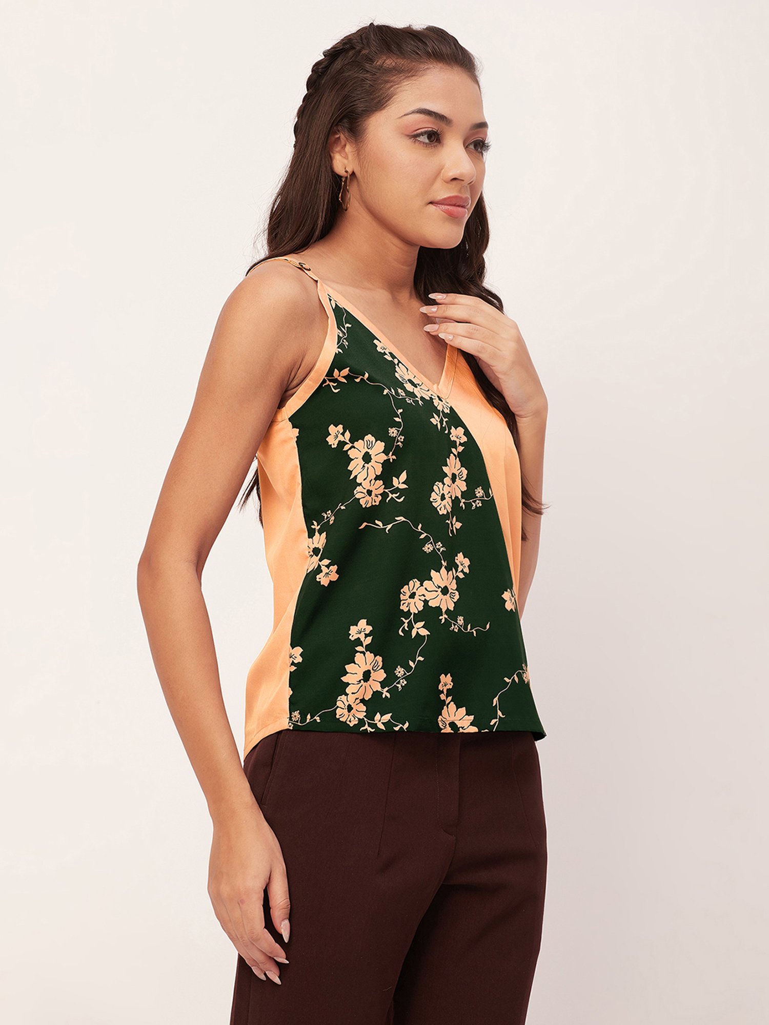 Moomaya Green & Peach Floral Print Top
