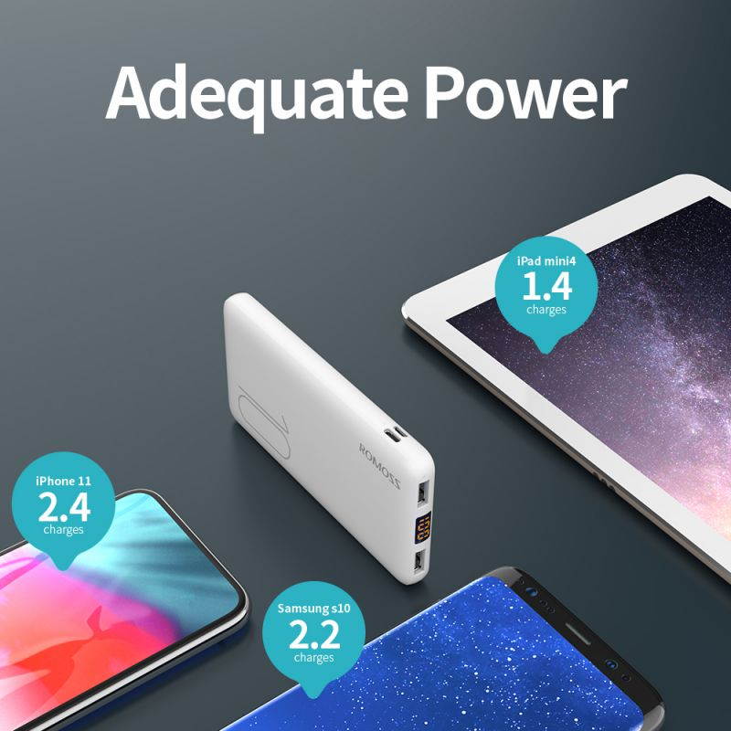 ROMOSS Power Bank 10000mAh (17mm) Ultra Slim Portable Charger with Dual Output Port Powerbank with LED Display Ultra-Compact External Battery for Smartphone, iPhone, Samsung Galaxy, Tablet and More