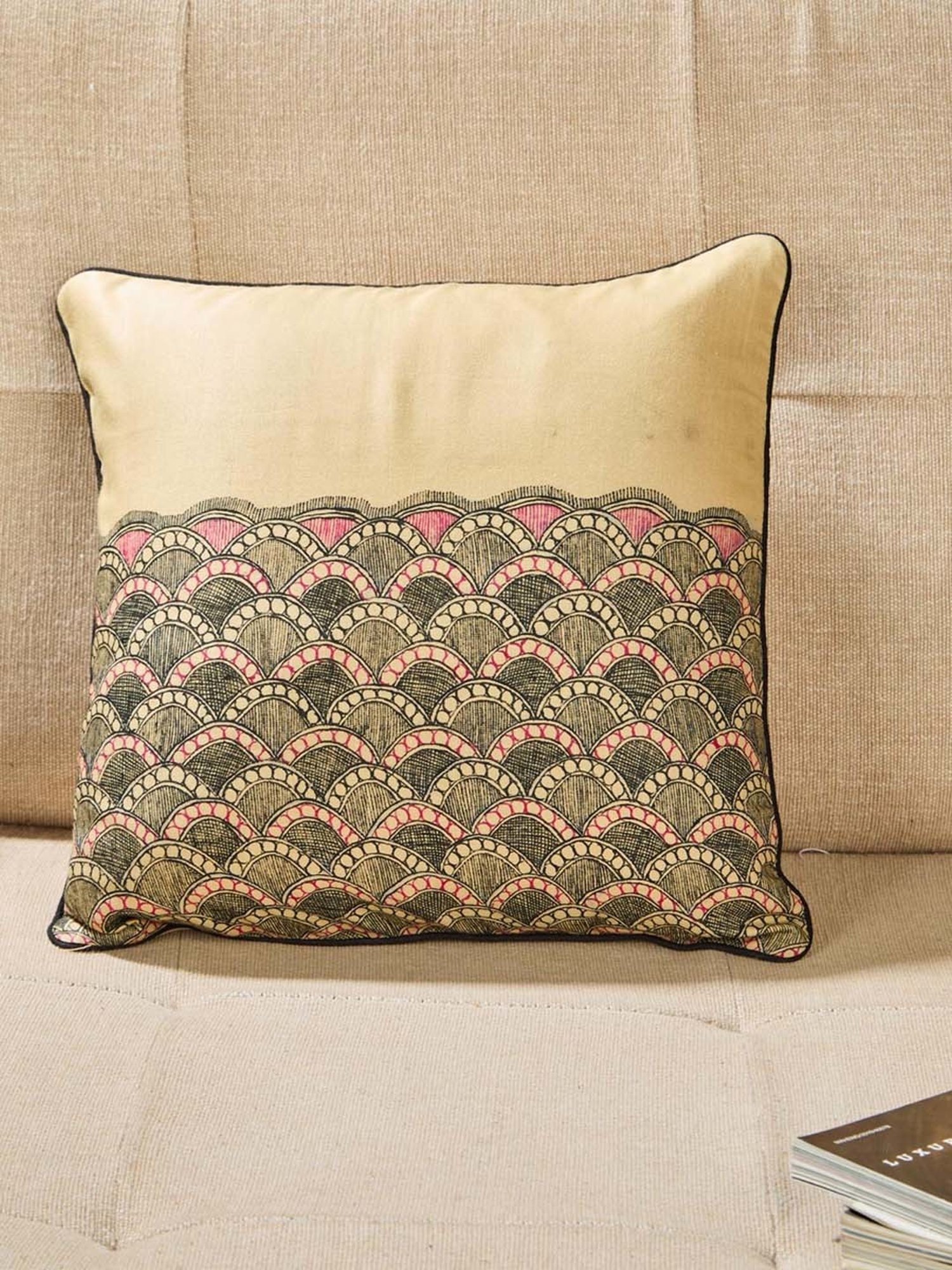 Fabindia Home Madhubani Beige & Black 110 GSM Viscose Silk Cushion Cover