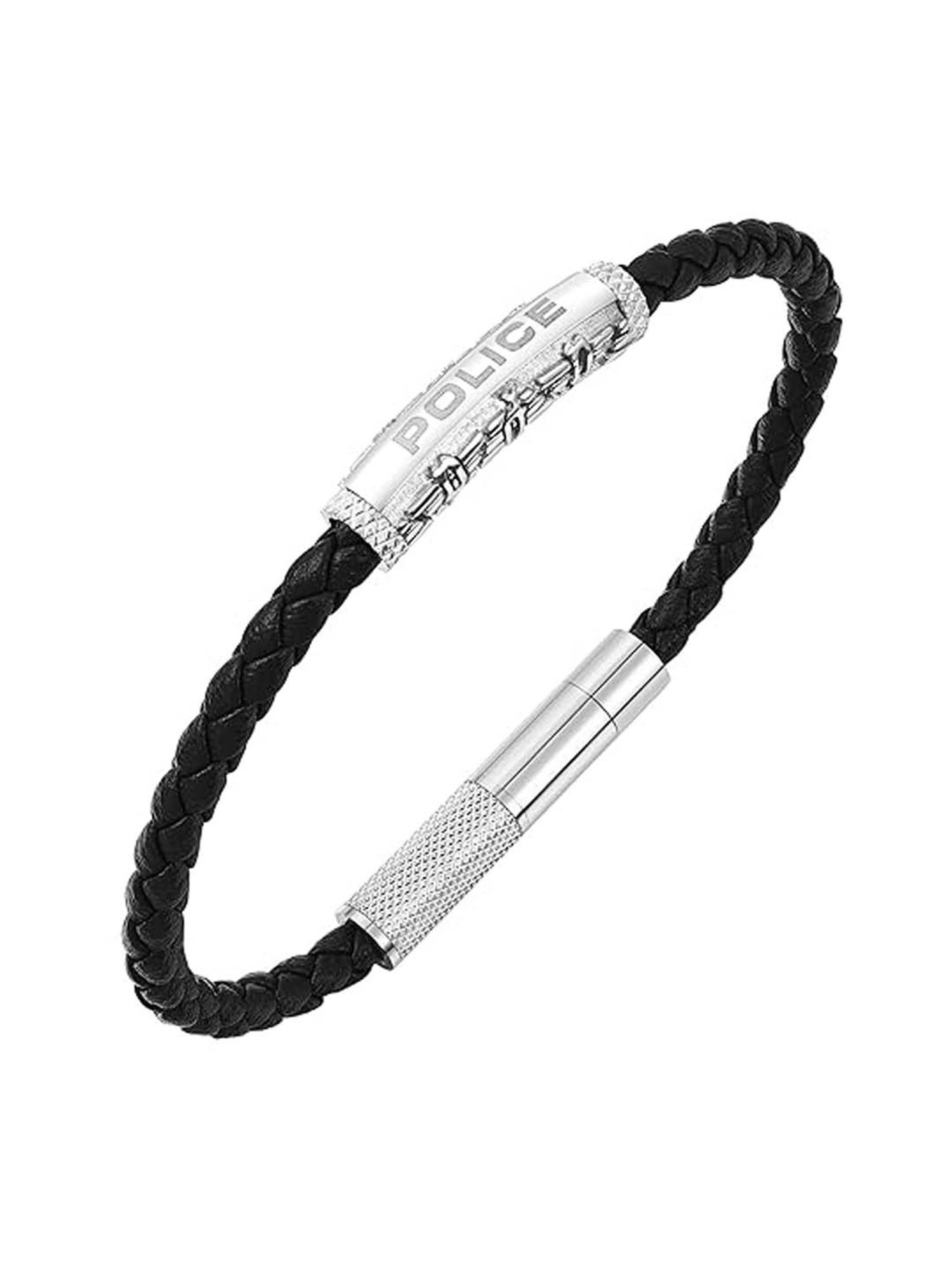 Police Warren Wing Logo Emblem Men's Black Leather Bracelet- PEAGB0033601