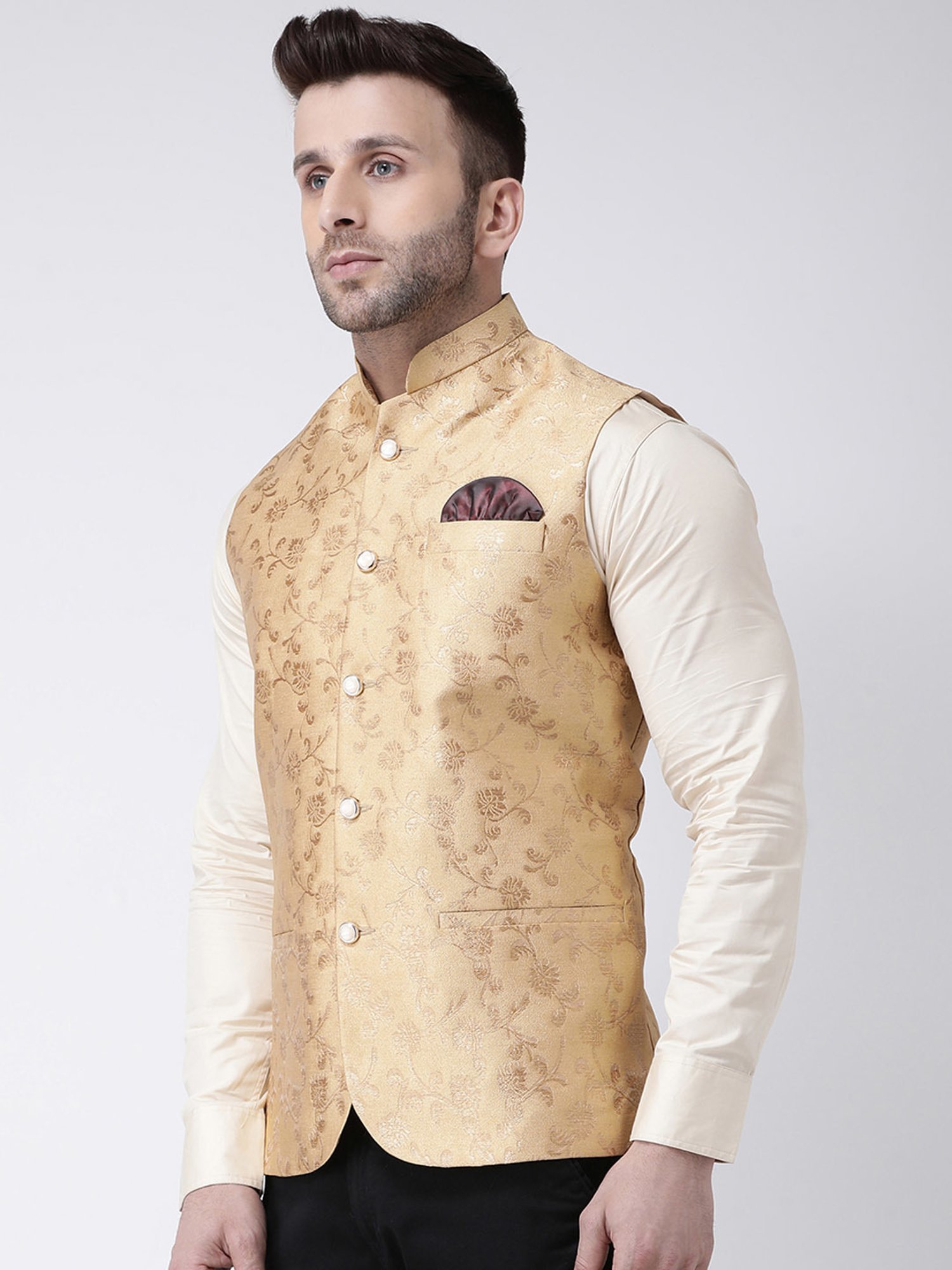 Hangup Plus Fawn Regular Fit Jacquard Nehru Jacket