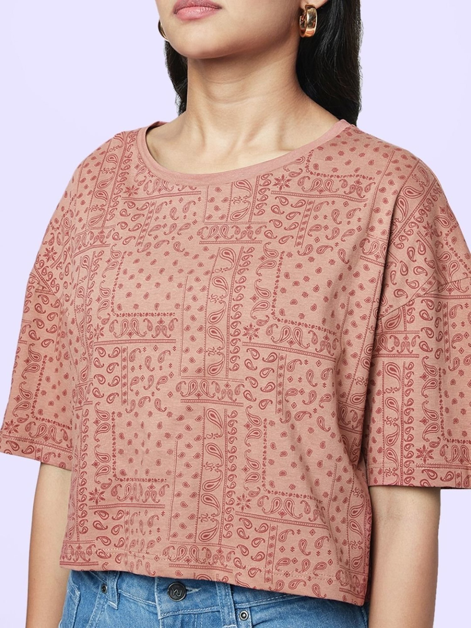 YU by Pantaloons Brown Cotton Printed Top